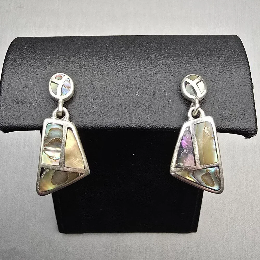VTG Carol Felley Sterling Silver Abalone Mosaic Dangle Earrings 1" Signed CFJ - Picture 5 of 9